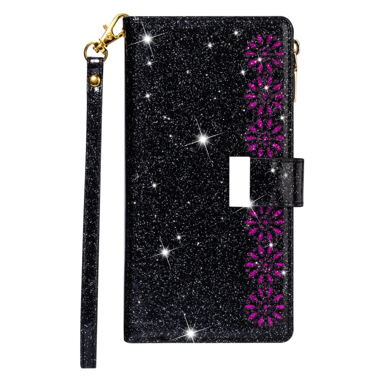 For Huawei Mate 20 Pro Multi-card Slots Starry Sky Laser Carving Glitter Zipper Horizontal Flip Leather Case with Holder & Wallet & Lanyard(Black)