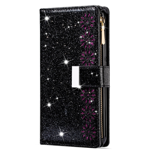 For Huawei Mate 20 Pro Multi-card Slots Starry Sky Laser Carving Glitter Zipper Horizontal Flip Leather Case with Holder & Wallet & Lanyard(Black)