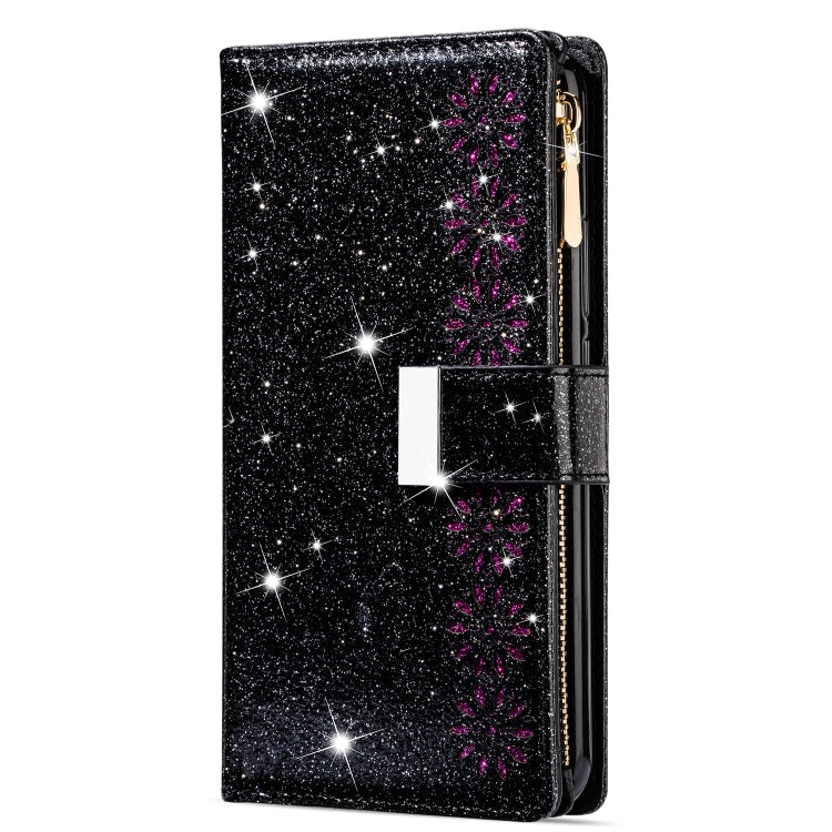 For Huawei Mate 20 Pro Multi-card Slots Starry Sky Laser Carving Glitter Zipper Horizontal Flip Leather Case with Holder & Wallet & Lanyard(Black)