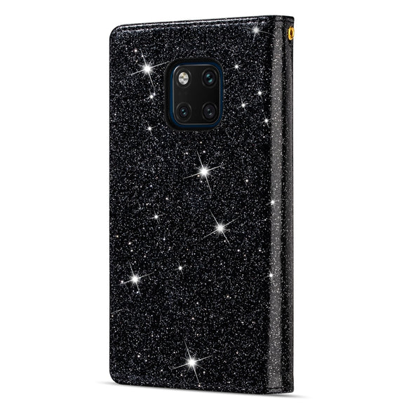 For Huawei Mate 20 Pro Multi-card Slots Starry Sky Laser Carving Glitter Zipper Horizontal Flip Leather Case with Holder & Wallet & Lanyard(Black)