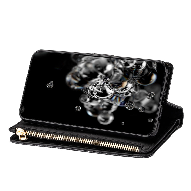 For Huawei Mate 20 Pro Multi-card Slots Starry Sky Laser Carving Glitter Zipper Horizontal Flip Leather Case with Holder & Wallet & Lanyard(Black)