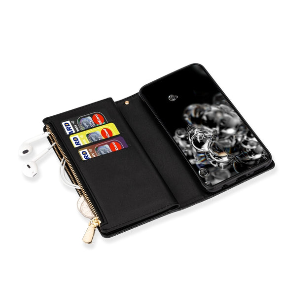 For Huawei Mate 20 Pro Multi-card Slots Starry Sky Laser Carving Glitter Zipper Horizontal Flip Leather Case with Holder & Wallet & Lanyard(Black)