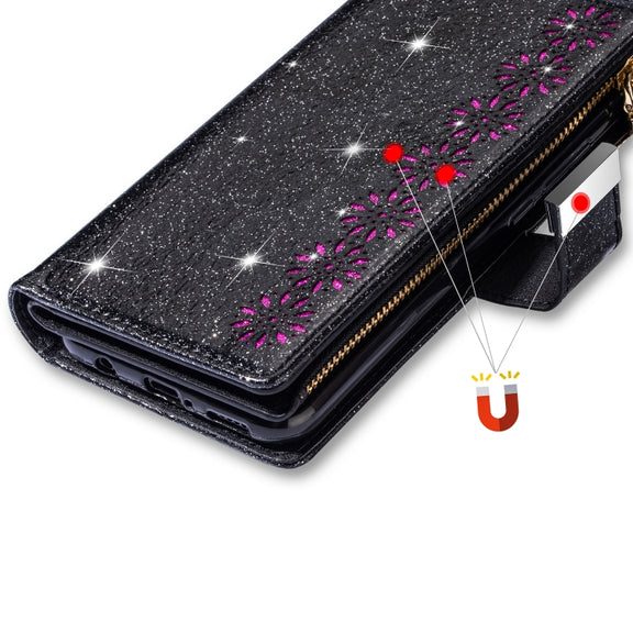 For Huawei Mate 20 Pro Multi-card Slots Starry Sky Laser Carving Glitter Zipper Horizontal Flip Leather Case with Holder & Wallet & Lanyard(Black)