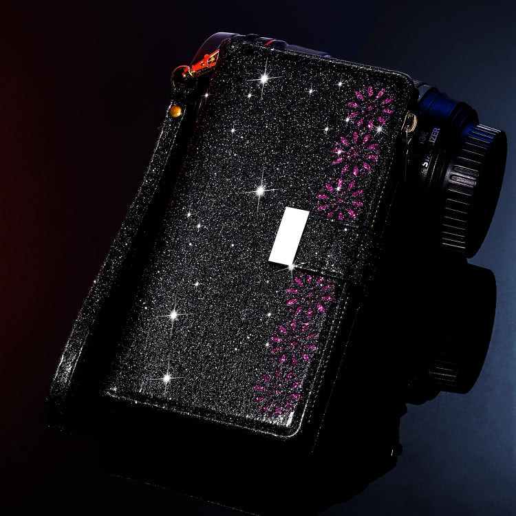 For Huawei Mate 20 Pro Multi-card Slots Starry Sky Laser Carving Glitter Zipper Horizontal Flip Leather Case with Holder & Wallet & Lanyard(Black)