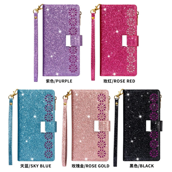 For Huawei Mate 20 Pro Multi-card Slots Starry Sky Laser Carving Glitter Zipper Horizontal Flip Leather Case with Holder & Wallet & Lanyard(Black)