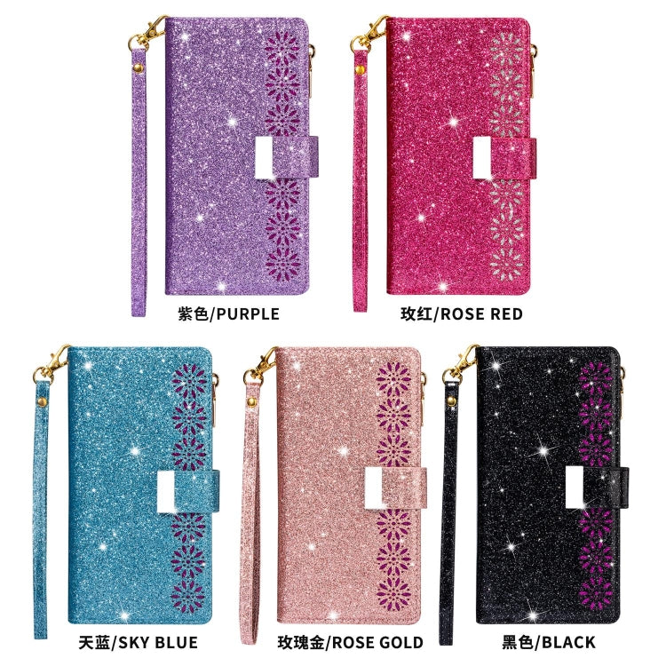 For Huawei Mate 20 Pro Multi-card Slots Starry Sky Laser Carving Glitter Zipper Horizontal Flip Leather Case with Holder & Wallet & Lanyard(Black)