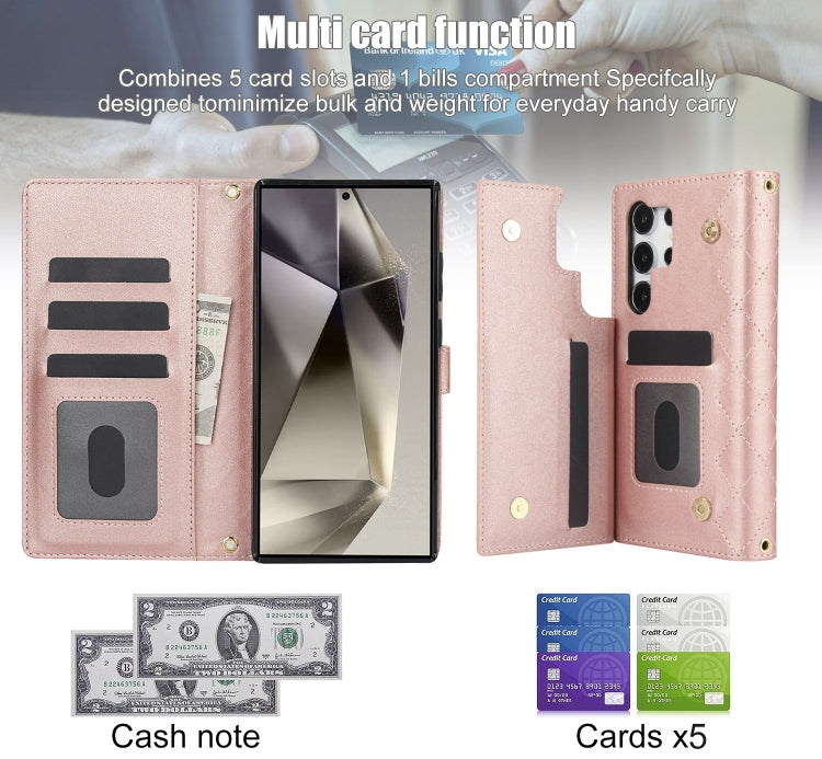 For Samsung Galaxy S24 Ultra 5G Crossbody Multifunction Rhombic Leather Phone Case(Rose Gold)