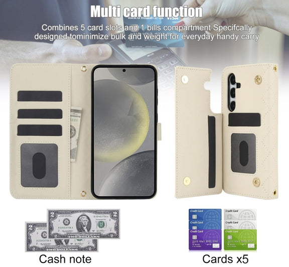 For Samsung Galaxy S24+ 5G Crossbody Multifunction Rhombic Leather Phone Case(White)