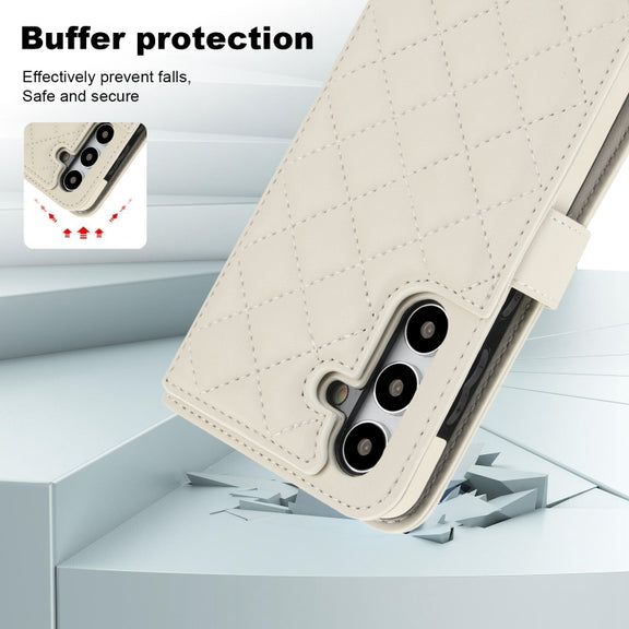 For Samsung Galaxy S24+ 5G Crossbody Multifunction Rhombic Leather Phone Case(White)