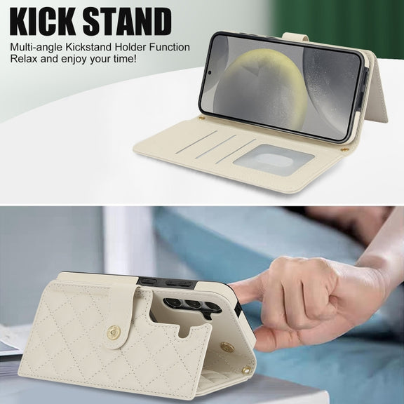 For Samsung Galaxy S24+ 5G Crossbody Multifunction Rhombic Leather Phone Case(White)
