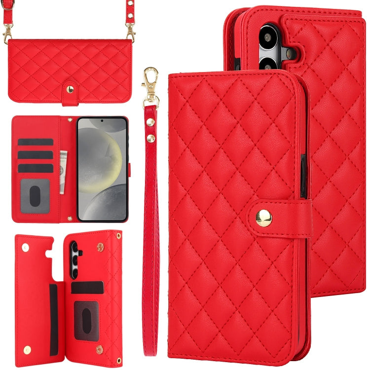 For Samsung Galaxy S24+ 5G Crossbody Multifunction Rhombic Leather Phone Case(Red)