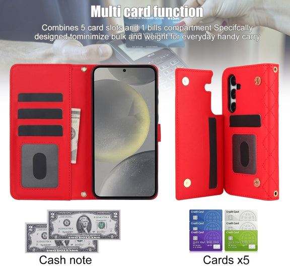For Samsung Galaxy S24+ 5G Crossbody Multifunction Rhombic Leather Phone Case(Red)