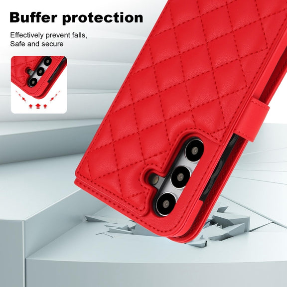 For Samsung Galaxy S24+ 5G Crossbody Multifunction Rhombic Leather Phone Case(Red)
