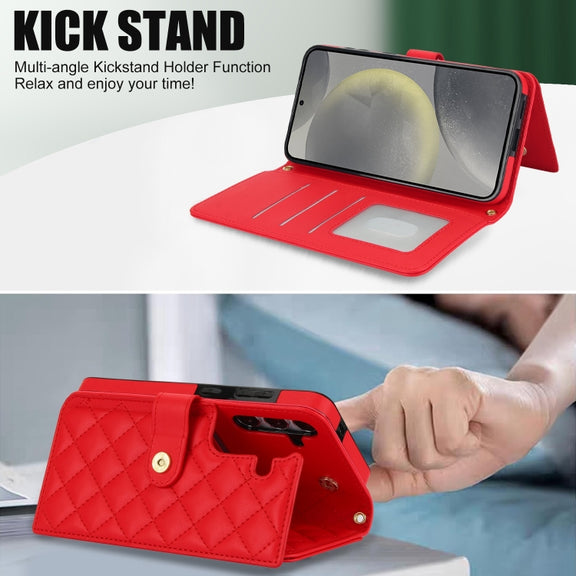 For Samsung Galaxy S24+ 5G Crossbody Multifunction Rhombic Leather Phone Case(Red)