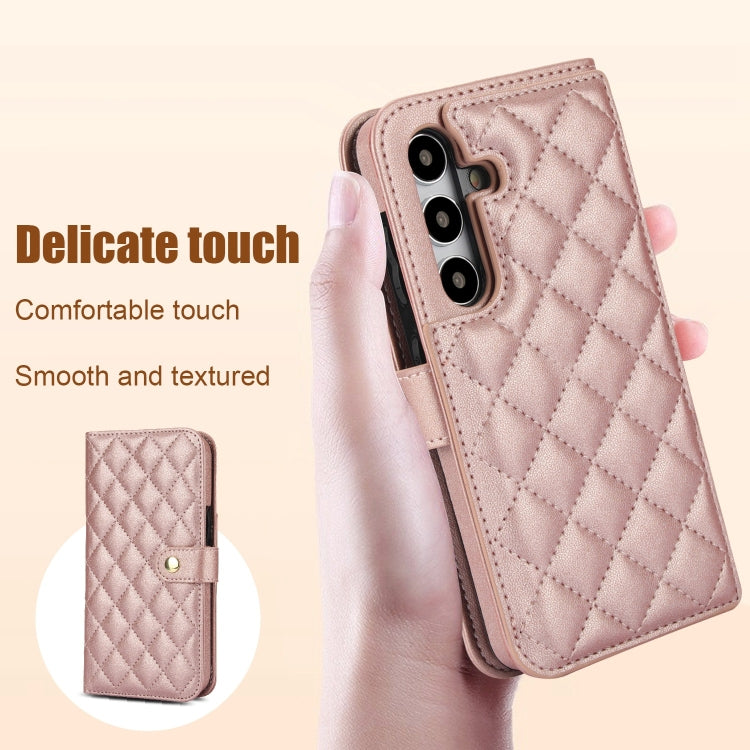 For Samsung Galaxy S24+ 5G Crossbody Multifunction Rhombic Leather Phone Case(Rose Gold)