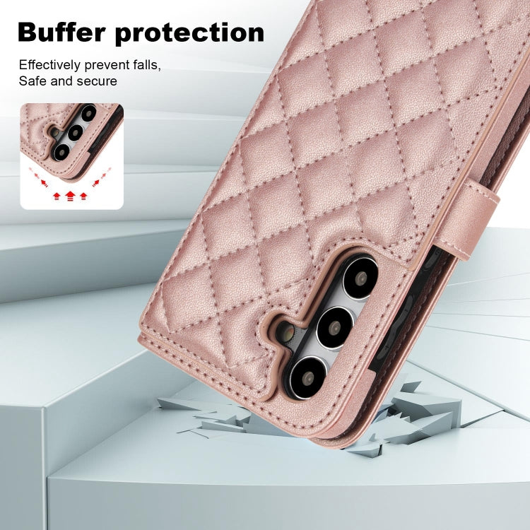 For Samsung Galaxy S24+ 5G Crossbody Multifunction Rhombic Leather Phone Case(Rose Gold)