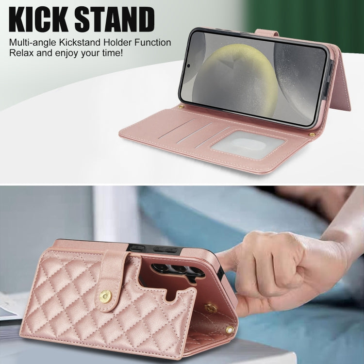 For Samsung Galaxy S24+ 5G Crossbody Multifunction Rhombic Leather Phone Case(Rose Gold)