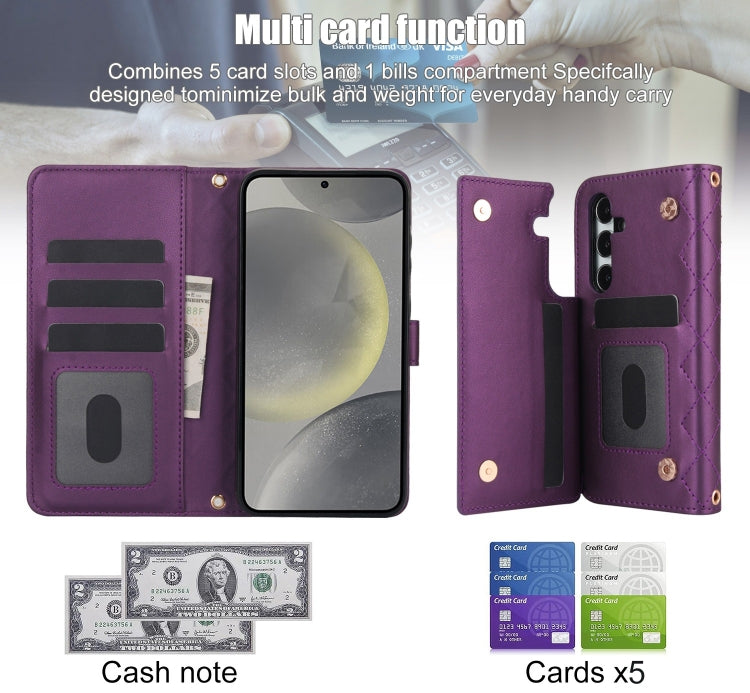 For Samsung Galaxy S24+ 5G Crossbody Multifunction Rhombic Leather Phone Case(Dark Purple)