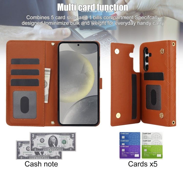 For Samsung Galaxy S24+ 5G Crossbody Multifunction Rhombic Leather Phone Case(Brown)