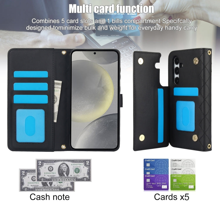 For Samsung Galaxy S24 5G Crossbody Multifunction Rhombic Leather Phone Case(Black)