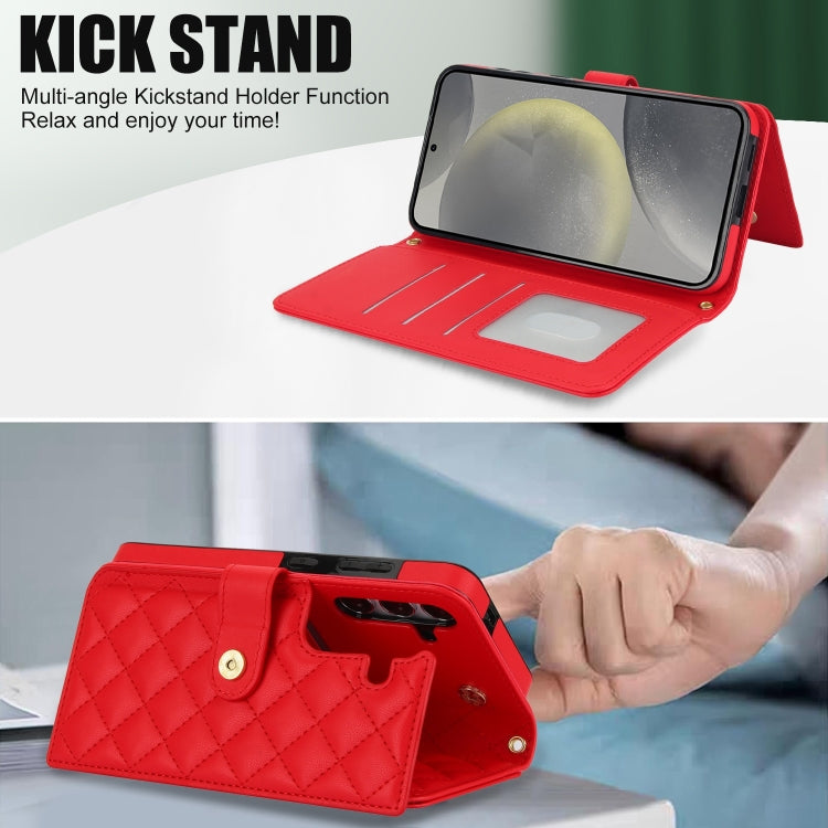 For Samsung Galaxy S24 5G Crossbody Multifunction Rhombic Leather Phone Case(Red)