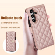 For Samsung Galaxy S24 5G Crossbody Multifunction Rhombic Leather Phone Case(Rose Gold)