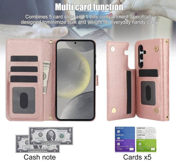 For Samsung Galaxy S24 5G Crossbody Multifunction Rhombic Leather Phone Case(Rose Gold)