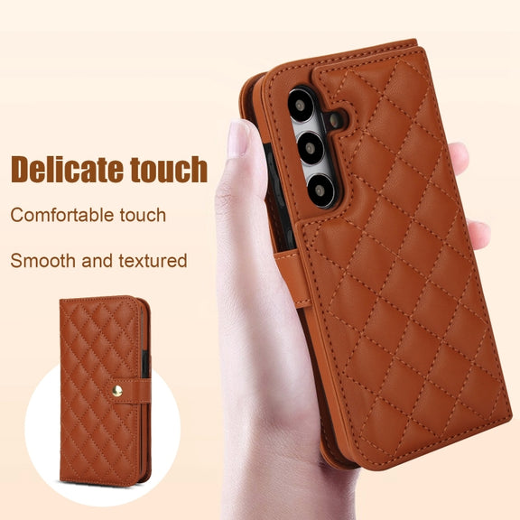 For Samsung Galaxy S24 5G Crossbody Multifunction Rhombic Leather Phone Case(Brown)