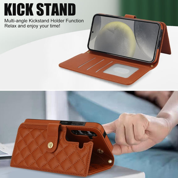 For Samsung Galaxy S24 5G Crossbody Multifunction Rhombic Leather Phone Case(Brown)