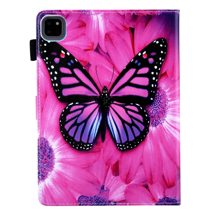 For iPad Pro 11 2024 Colored Drawing Leather Smart Tablet Case(Red Flower Pink Butterfly)