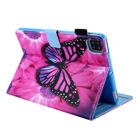 For iPad Pro 11 2024 Colored Drawing Leather Smart Tablet Case(Red Flower Pink Butterfly)