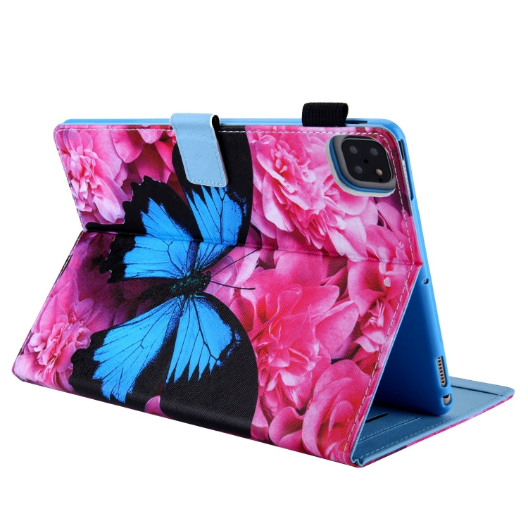 For iPad Pro 11 2024 Colored Drawing Leather Smart Tablet Case(Red Flower Blue Butterfly)