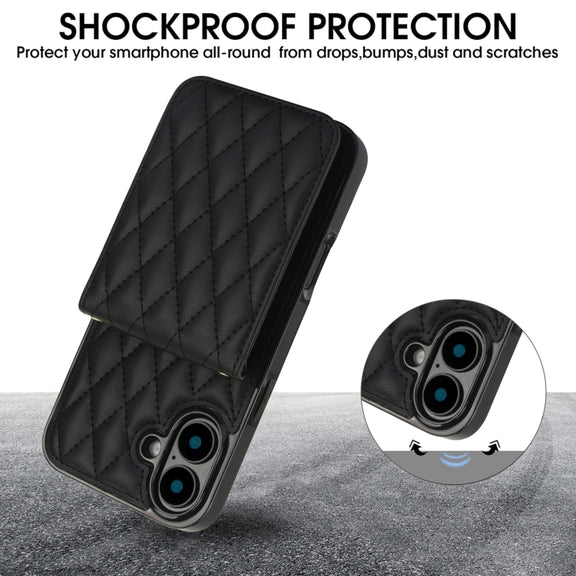 For iPhone 16 Plus YM015 Crossbody Rhombic Card Bag RFID Phone Case(Black)