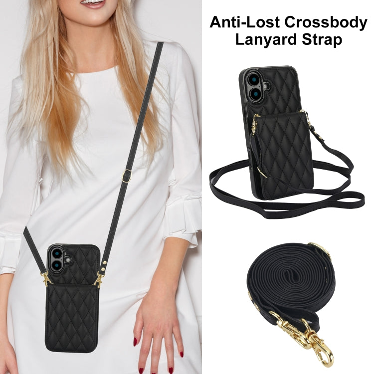 For iPhone 16 Plus YM015 Crossbody Rhombic Card Bag RFID Phone Case(Black)