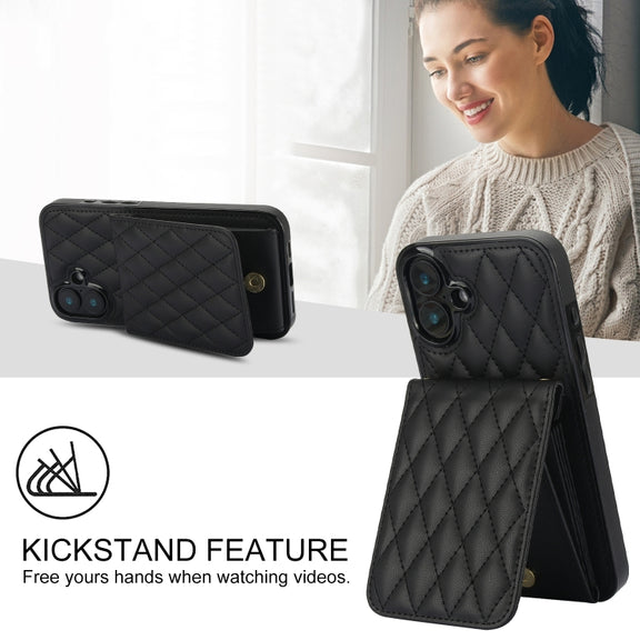For iPhone 16 Plus YM015 Crossbody Rhombic Card Bag RFID Phone Case(Black)