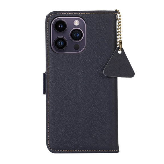 For iPhone 16 Pro Side-Magnetic TJ Genuine Leather RFID Phone Case(Blue)