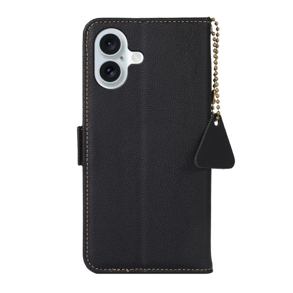 For iPhone 16 Side-Magnetic TJ Genuine Leather RFID Phone Case(Black)