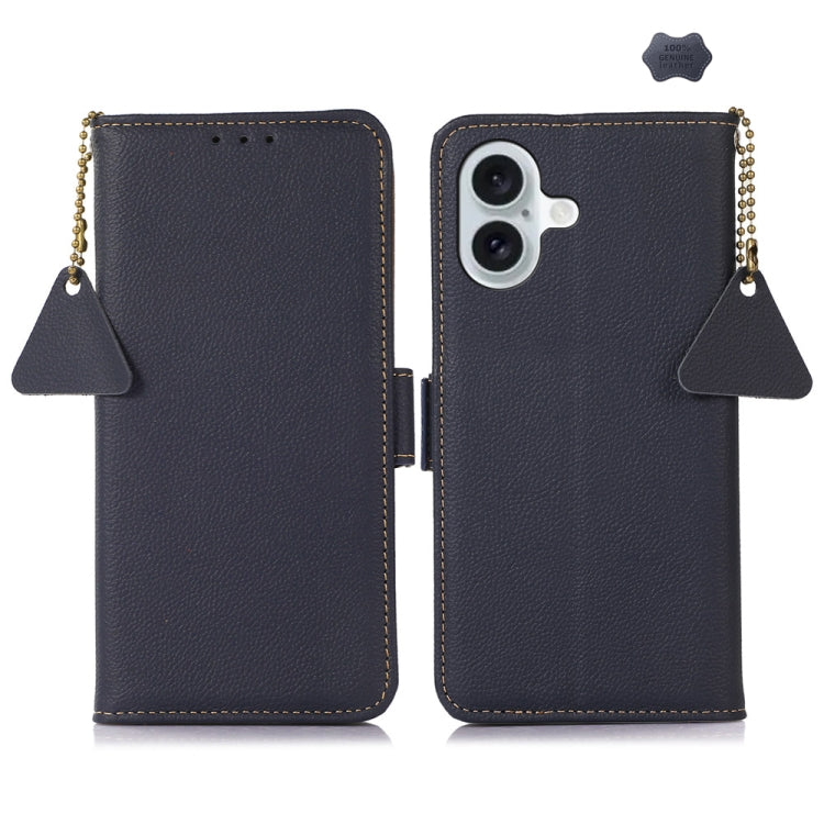 For iPhone 16 Side-Magnetic TJ Genuine Leather RFID Phone Case(Blue)