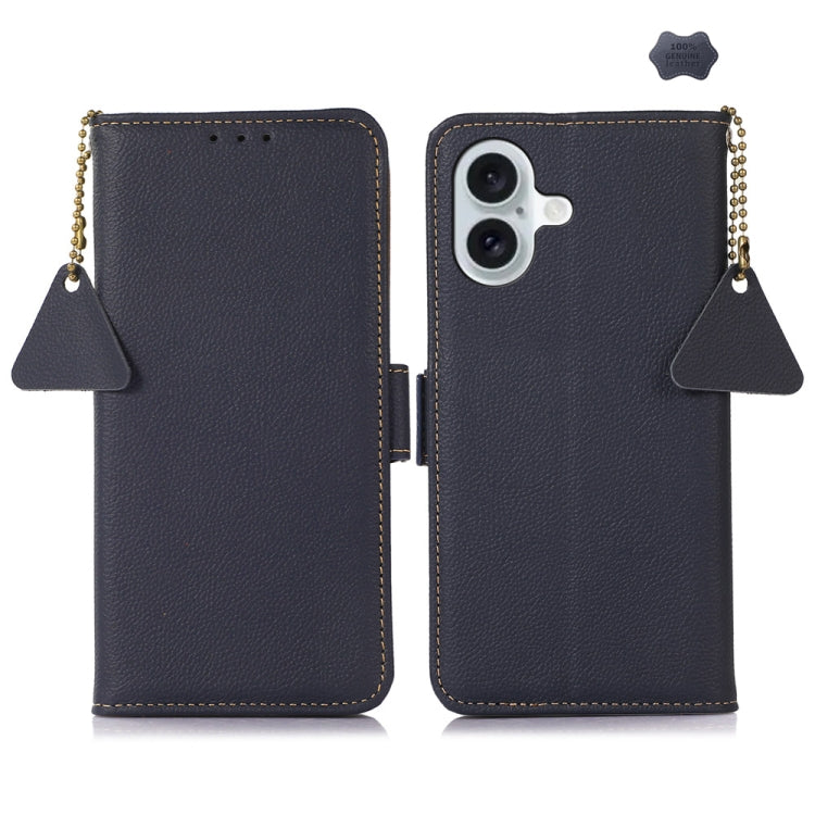 For iPhone 16 Plus Side-Magnetic TJ Genuine Leather RFID Phone Case(Blue)