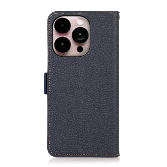 For iPhone 16 Pro Max KHAZNEH Side-Magnetic Litchi Genuine Leather RFID Case(Blue)