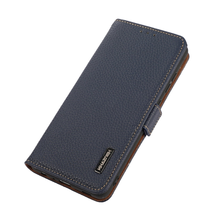 For iPhone 16 Pro Max KHAZNEH Side-Magnetic Litchi Genuine Leather RFID Case(Blue)