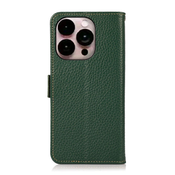 For iPhone 16 Pro Max KHAZNEH Side-Magnetic Litchi Genuine Leather RFID Case(Green)