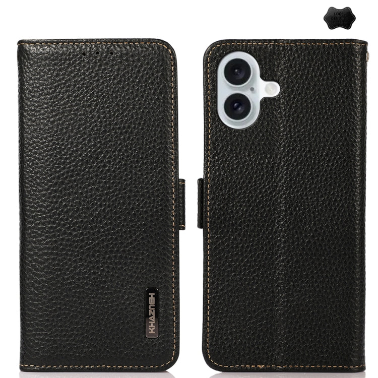 For iPhone 16 Plus KHAZNEH Side-Magnetic Litchi Genuine Leather RFID Case(Black)