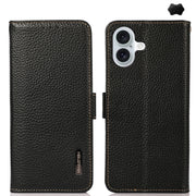 For iPhone 16 Plus KHAZNEH Side-Magnetic Litchi Genuine Leather RFID Case(Black)