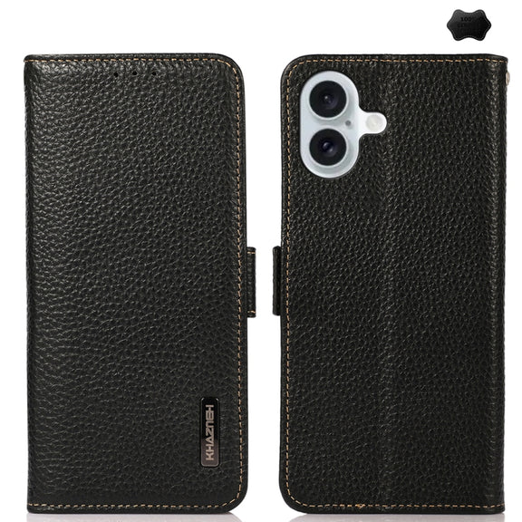 For iPhone 16 Plus KHAZNEH Side-Magnetic Litchi Genuine Leather RFID Case(Black)