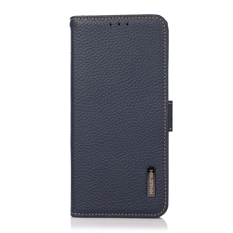 For iPhone 16 Plus KHAZNEH Side-Magnetic Litchi Genuine Leather RFID Case(Blue)