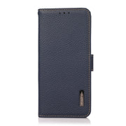 For iPhone 16 Plus KHAZNEH Side-Magnetic Litchi Genuine Leather RFID Case(Blue)