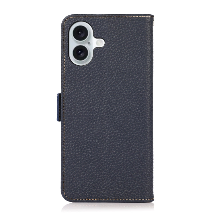 For iPhone 16 Plus KHAZNEH Side-Magnetic Litchi Genuine Leather RFID Case(Blue)