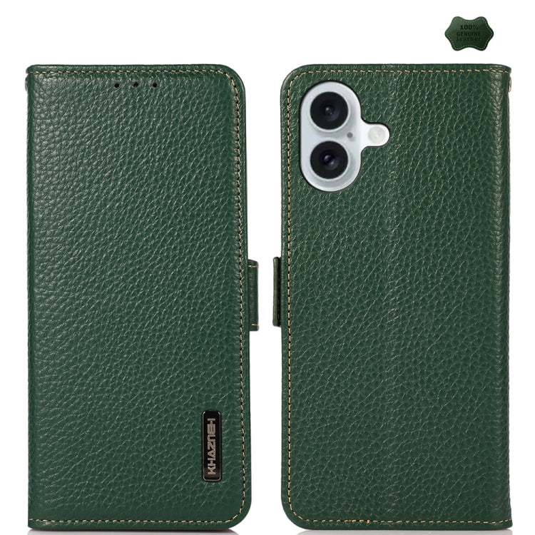 For iPhone 16 Plus KHAZNEH Side-Magnetic Litchi Genuine Leather RFID Case(Green)