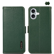 For iPhone 16 Plus KHAZNEH Side-Magnetic Litchi Genuine Leather RFID Case(Green)